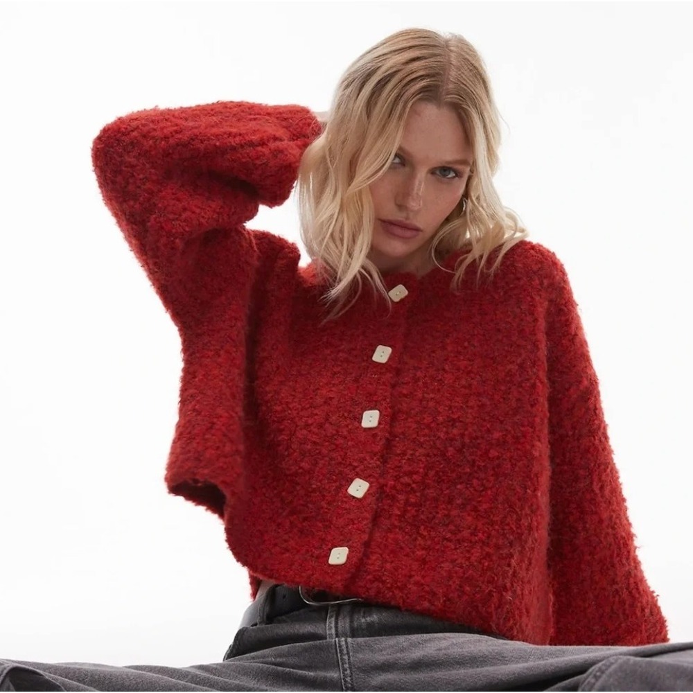 VRG GRL Elsie Red Fuzzy Cardigan Sweater